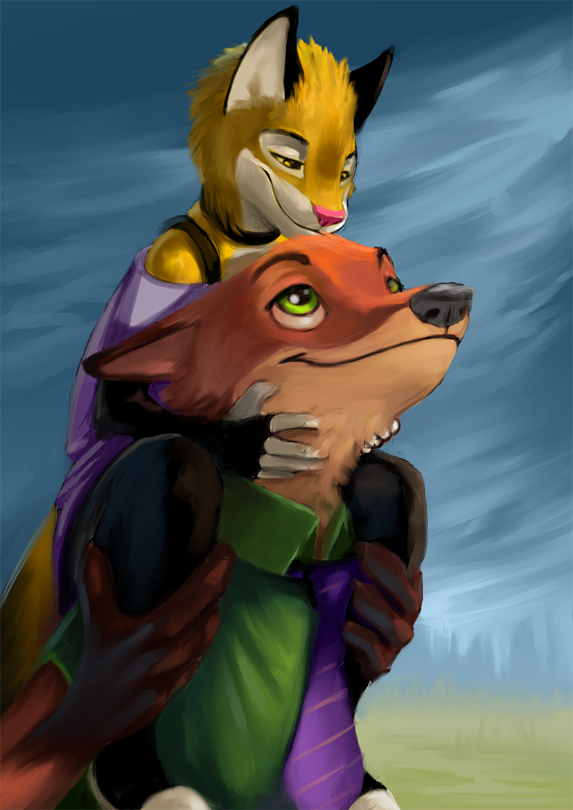 anthro black_nose clothed clothing countershading duo eye_contact female fur green_eyes looking_at_another male orange_body orange_fur pink_nose smile yellow_body yellow_eyes yellow_fur conditional_dnp latex_(artist) disney zootopia alyx_(latex) nick_wilde canid canine domestic_cat felid feline felis fox mammal red_fox true_fox