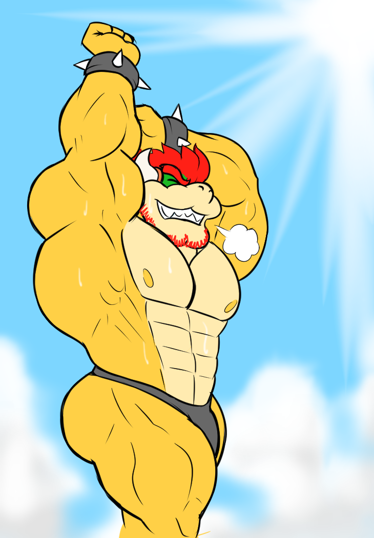 abs anthro beard biceps big_muscles bodily_fluids butt clothing facial_hair horn male muscular muscular_anthro muscular_male pecs serratus solo sweat thong underwear guzreuef mario_bros nintendo bowser koopa scalie