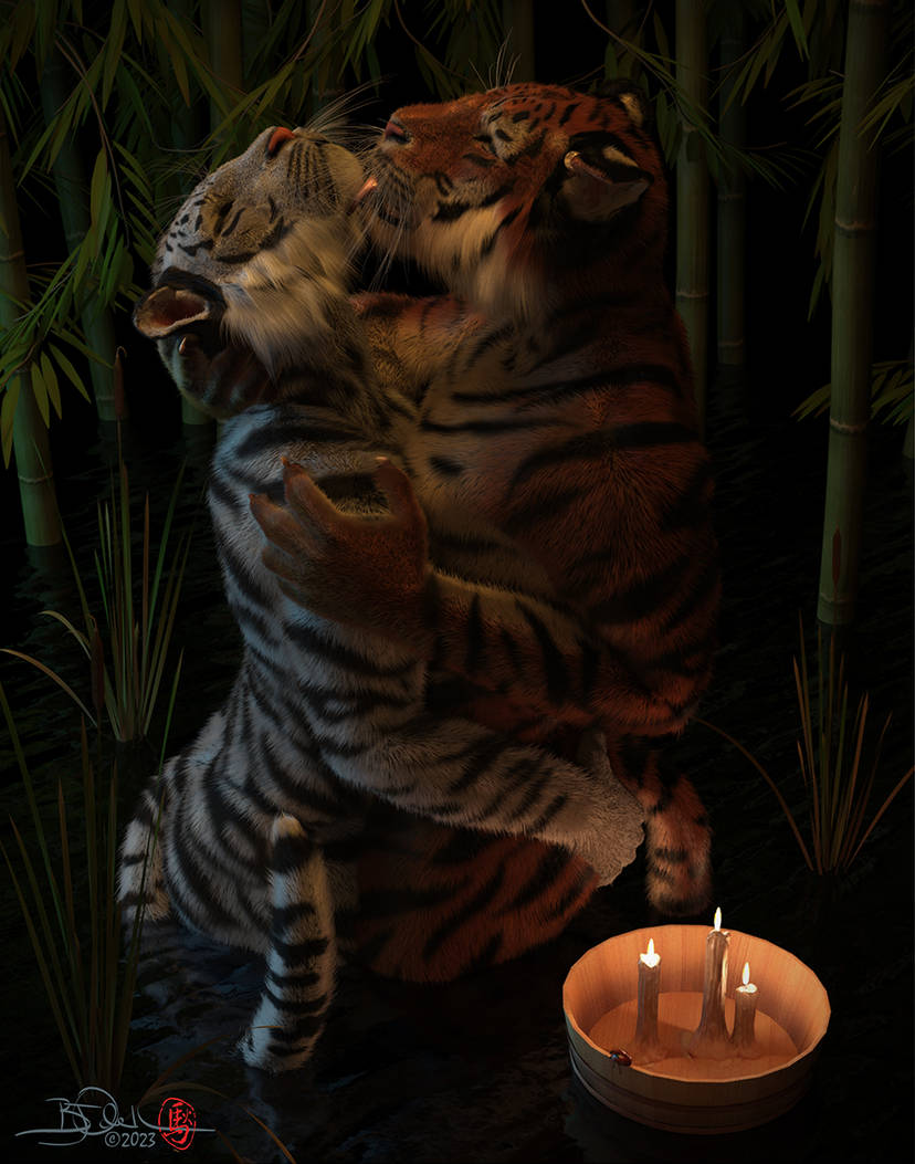 anthro bamboo candle duo eyes_closed face_lick hug licking male male/male partially_submerged side_view standing tongue sherwood felid mammal pantherine tiger 2023 3d_(artwork) digital_media_(artwork)