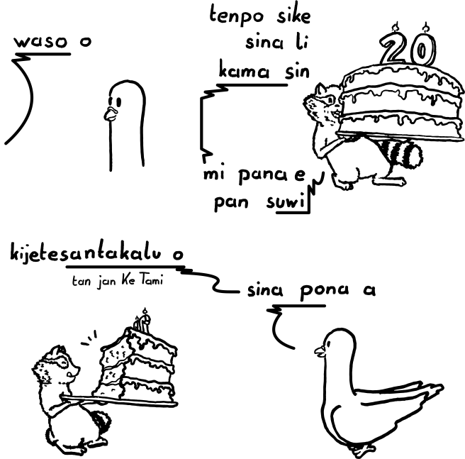 3_panel_comic ambiguous_gender anthro birthday_cake cake candle dessert dialogue duo eating eating_food feral food holding_food holding_object plate semi-anthro text jan_ke_tami cc-by creative_commons kijetesantakalu_o lipu_tenpo kijetesantakalu_(kijetesantakalu_o) waso_(kijetesantakalu_o) avian bird columbid mammal pigeon procyonid raccoon artist_name comic constructed_language monochrome toki_pona_text translation_request