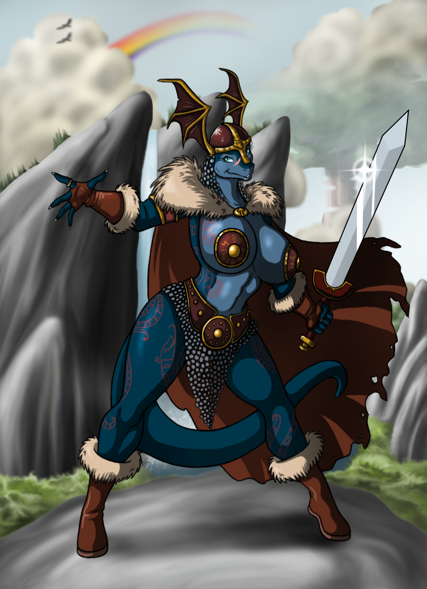 5_fingers anthro armor big_breasts biped blue_body boots breasts clothed clothing day female fingers footwear headgear helmet looking_at_viewer melee_weapon metal_pasties non-mammal_breasts outside pasties scar shoes sky solo standing sword tail tattoo unconvincing_armor valkyrie warrior weapon wide_hips lordstevie bomba_(krillos) komodo_dragon lizard monitor_lizard reptile scalie 2011 digital_media_(artwork)