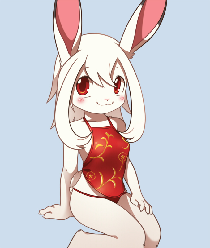 anthro blush clothing female fur kemono looking_at_viewer red_eyes simple_background smile solo thong underwear white_body white_fur young young_anthro unrealplace wusagi_(unrealplace) lagomorph leporid mammal rabbit pillarbox