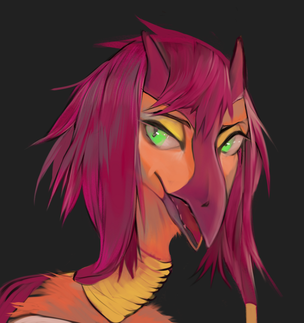 ambiguous_gender anthro beak eyebrows feathers green_eyes horn magenta_hair open_mouth orange_body orange_feathers purple_beak red_tongue solo tongue yellow_eyelids yellow_neck akrolayn avian nevrean 2020 digital_media_(artwork) digital_painting_(artwork) headshot_portrait painting_(artwork) portrait shaded