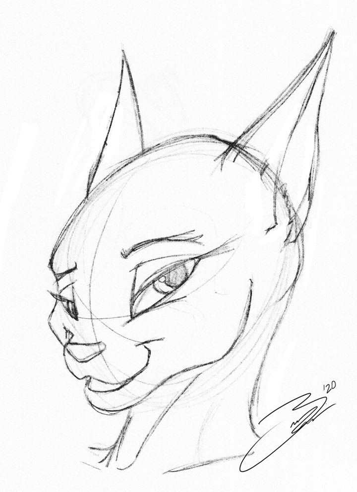 anthro female half-closed_eyes looking_at_viewer narrowed_eyes open_mouth simple_background simple_nose smile solo thefishe77 domestic_cat felid feline felis mammal black_and_white monochrome signature sketch