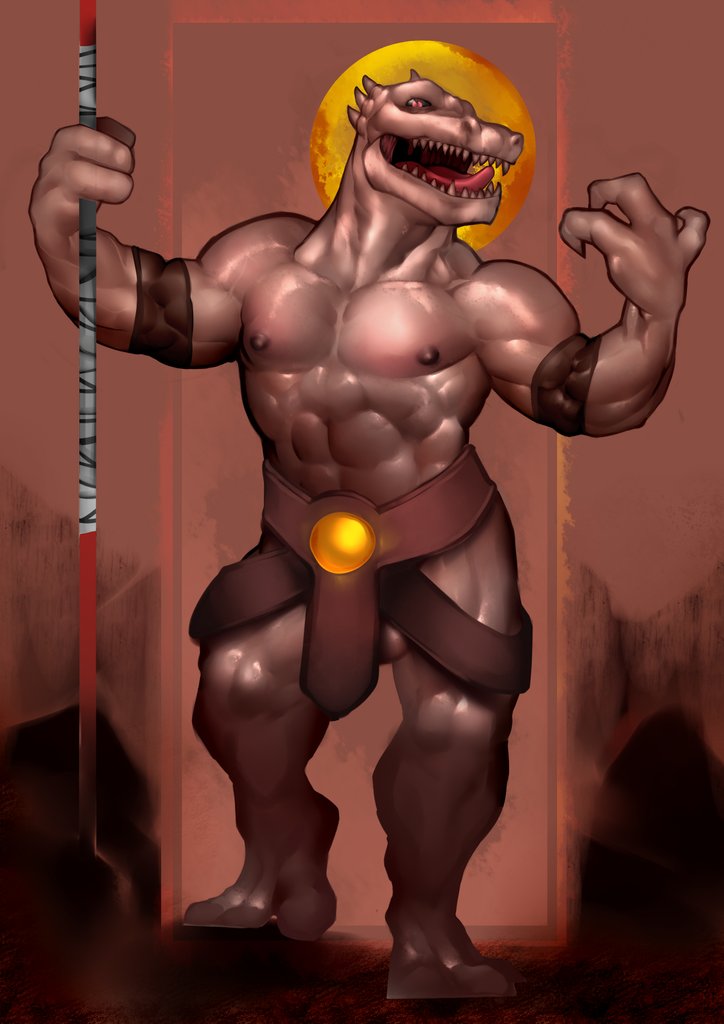 abs anthro balls balls_outline biceps bulge detailed_bulge genital_outline genitals male muscular muscular_anthro muscular_male nipples pecs sharp_teeth solo teeth adriygolden tower_of_god rak_wraithraiser lizard reptile scalie wraithraiser