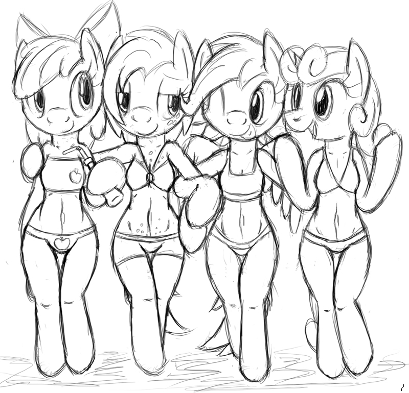 anthro anthrofied bikini breasts clothed clothing feathered_wings feathers female freckles group hair horn navel simple_background skimpy smile swimwear tight_clothing two-piece_swimsuit white_background wings young tg-0 friendship_is_magic hasbro my_little_pony mythology apple_bloom_(mlp) babs_seed_(mlp) cutie_mark_crusaders_(mlp) scootaloo_(mlp) sweetie_belle_(mlp) earth_pony equid equine horse mammal mythological_creature mythological_equine pegasus pony unicorn black_and_white monochrome sketch