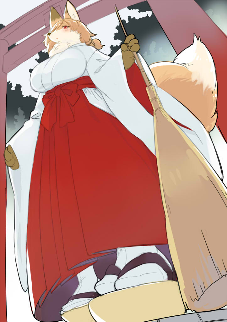 4_fingers anthro blush breasts broom cleaning_tool clothed clothed_anthro clothed_female clothing female female_anthro fingers fluffy fluffy_tail footwear fur hair holding_broom holding_cleaning_tool holding_object kemono low-angle_view red_clothing red_eyes socks socks_with_sandals solo tail tan_body tan_fur torii white_clothing kishibe canid canine fox mammal 2018 digital_media_(artwork) portrait