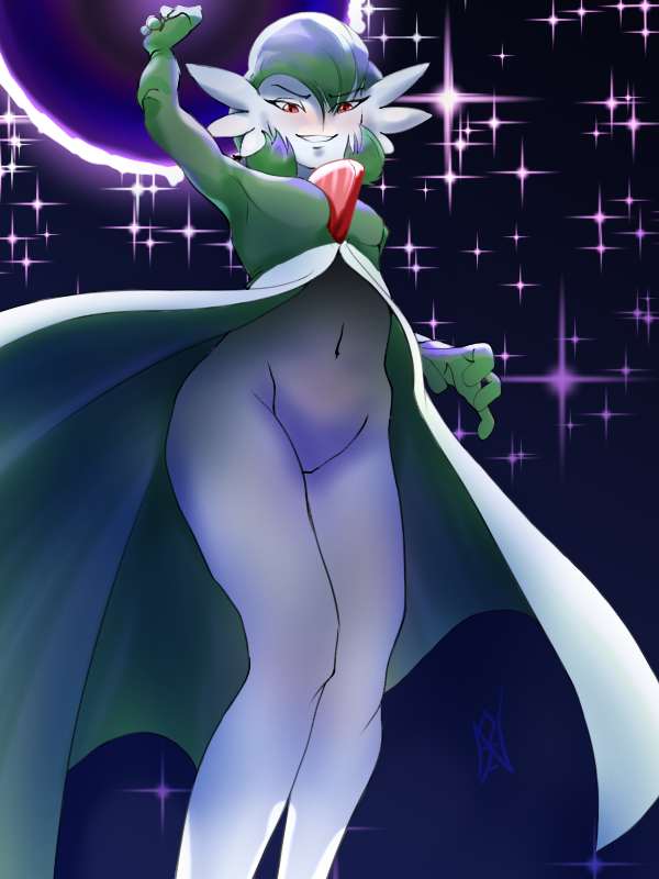 blush bottomless clothed clothing energy_ball female gem green_body green_hair hair low-angle_view navel raised_arm red_eyes smile solo upskirt nahadon nintendo pokemon gardevoir generation_3_pokemon humanoid pokemon_(species) 3:4