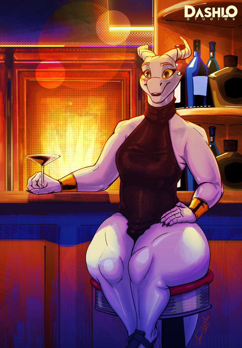 anthro bar beverage breasts broken_horn claws clothed clothing container cup dress drinking_glass female furniture glass glass_container glass_cup horn looking_at_viewer non-mammal_breasts scar sitting solo stool tail text thick_thighs white_body wine_glass yellow_eyes dashlostudios urza_(the7thprimarch) kobold scalie artist_name