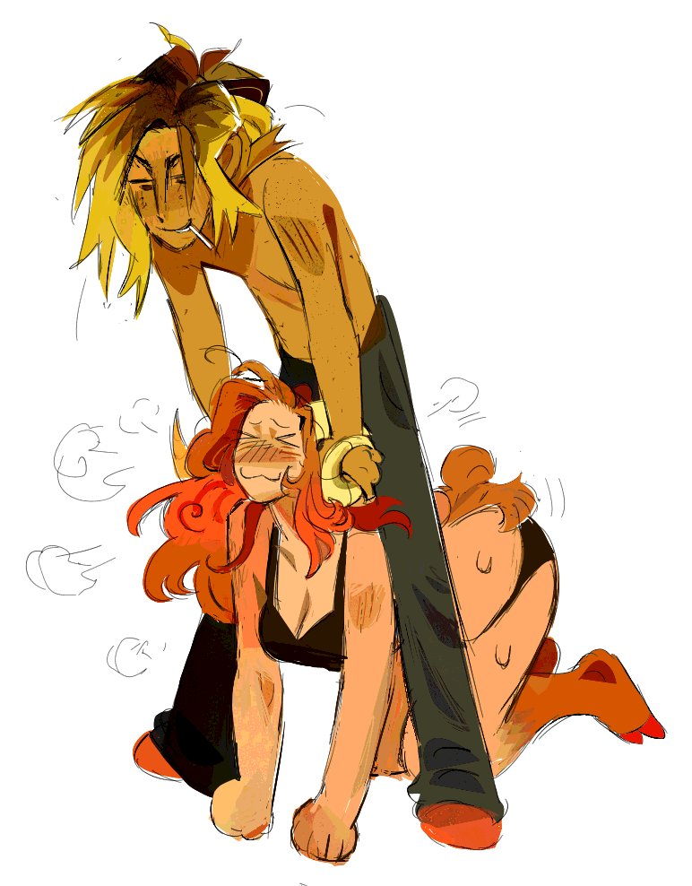 :3 >_< blush bodily_fluids bra breasts breath cigarette cigarette_in_mouth cleavage clothed clothing duo eyes_closed female hands_on_horns holding_horn hooves horn humanoid_on_humanoid kneeling male male/female object_in_mouth simple_background standing sweat sweatdrop underwear hoofcoochie animal_humanoid bovid bovid_humanoid caprine caprine_humanoid goat_humanoid humanoid mammal mammal_humanoid satyr 2025