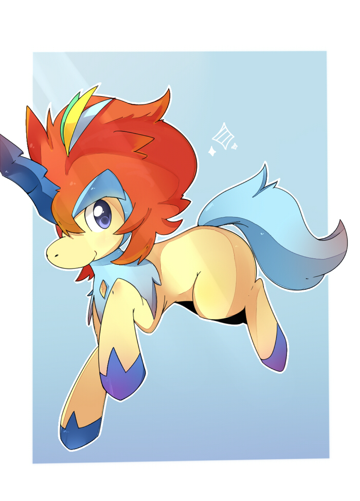 ambiguous_gender blue_background blue_eyes feral hair hooves horn jumping looking_at_viewer mane multicolored_hair simple_background smile solo darkk nintendo pokemon equid generation_5_pokemon keldeo keldeo_(resolute_form) legendary_pokemon mammal pokemon_(species) 2015