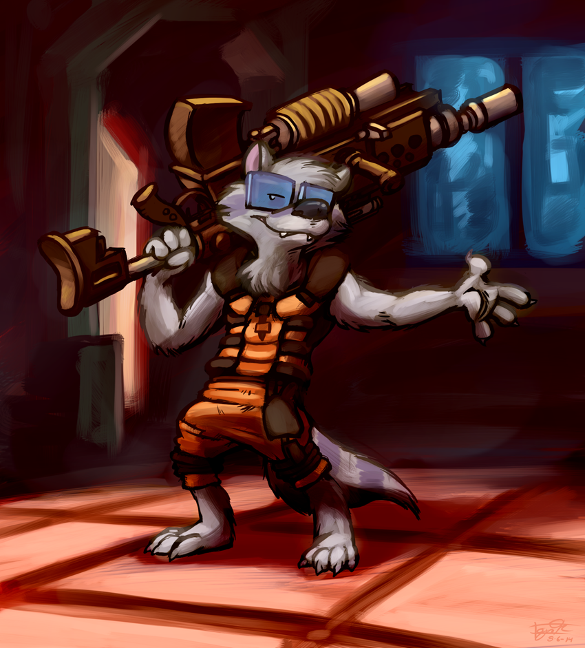 4_fingers 4_toes anthro claws cosplay eyewear fangs feet fingers glasses gun holding_gun holding_object holding_ranged_weapon holding_weapon looking_at_viewer male ranged_weapon smile solo standing teeth toes weapon commissar-k guardians_of_the_galaxy marvel ness_(larathelabrat) rocket_raccoon mammal procyonid raccoon 2014