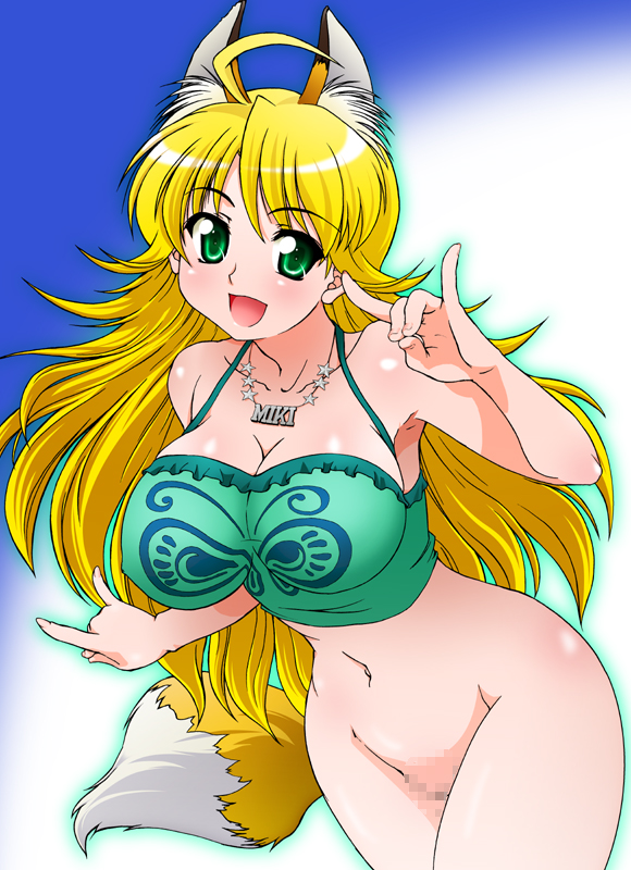 ahoge big_breasts blonde_hair bottomless breasts camisole clothed clothing cosplay crop_top female fox_tail genitals green_camisole green_clothing green_eyes green_shirt green_topwear hair hip_focus jewelry leaning leaning_forward long_hair navel necklace no_underwear pussy shirt solo star tail topwear wide_hips rikumoto_yoshiyuki idolmaster kanokon hoshii_miki minamoto_chizuru animal_humanoid canid canid_humanoid canine canine_humanoid fox_humanoid humanoid mammal mammal_humanoid censored mosaic_censorship