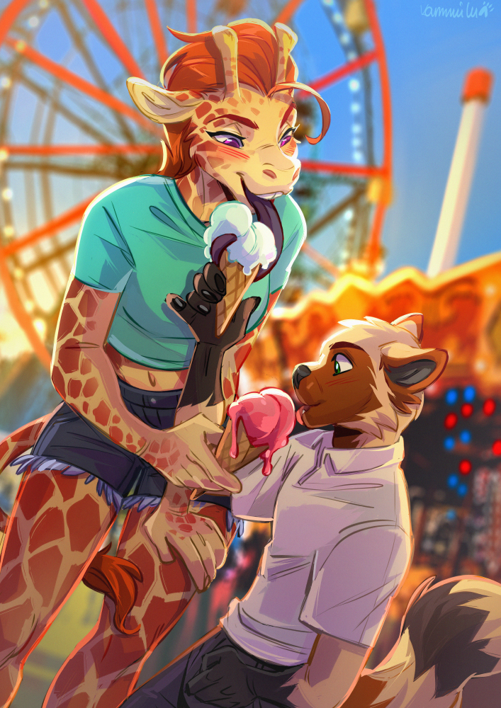 amusement_ride anthro bottomwear clothing dessert duo female ferris_wheel food horn ice_cream ice_cream_cone interspecies larger_female licking long_tongue male midriff sharing sharing_food shorts size_difference smaller_male tongue tongue_out kammi-lu legend_of_ahya marle_talbender_(darkflamewolf) max_thrash giraffe giraffid mammal procyonid raccoon