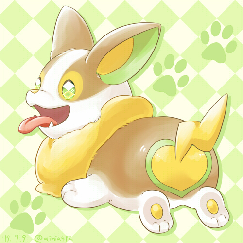 ambiguous_gender brown_body brown_fur butt butt_focus feral fur green_eyes lying on_front pattern_background paws simple_background solo tongue tongue_out white_body white_fur yellow_body yellow_fur aimia492 nintendo pokemon canid canine generation_8_pokemon mammal pokemon_(species) yamper 1:1 low_res