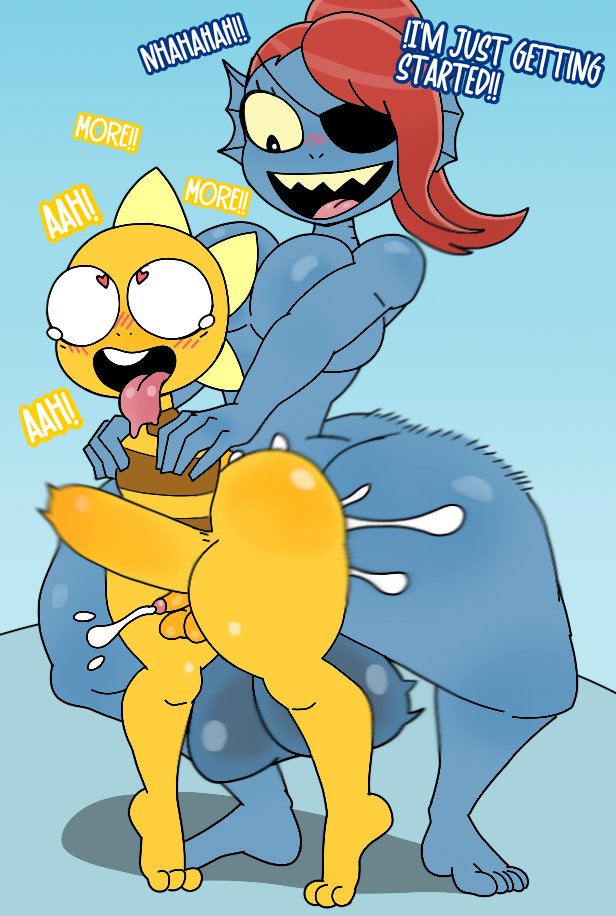 abdominal_bulge age_difference ahegao anthro armless ball_size_difference balls big_balls big_butt blush bodily_fluids breasts butt cum cum_inside duo eye_patch eyewear femboy from_behind_position genital_fluids genitals gynomorph gynomorph/male heart_pupils intersex intersex/male looking_pleasured male moan rough_sex sex short_stack size_difference standing thick_thighs furu_flami undertale undertale_(series) monster_kid undyne fish marine monster