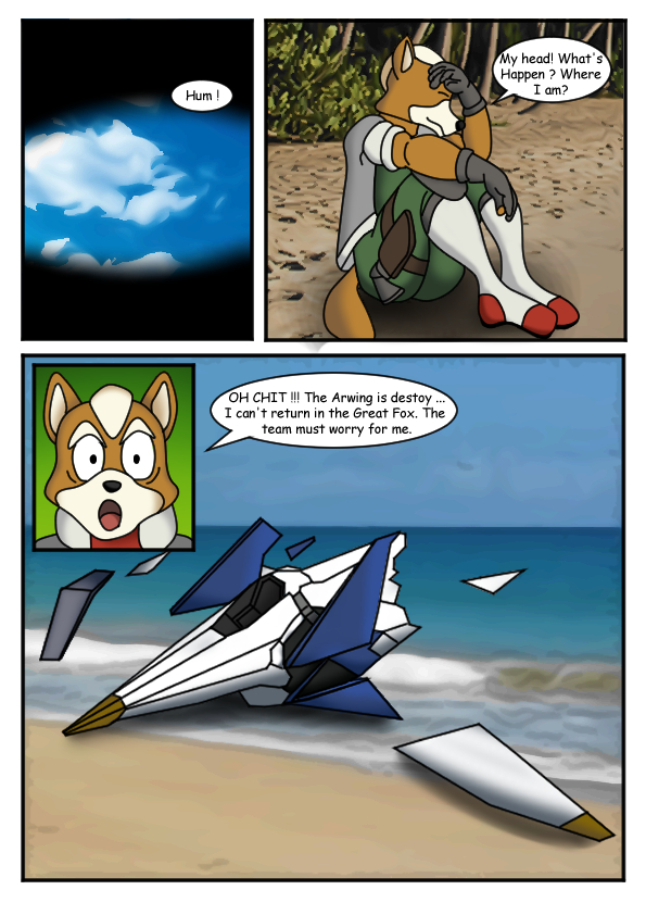 aircraft airship anthro beach border dialogue male solo text vehicle water white_border ciel-wolf nintendo star_fox fox_mccloud canid canine fox mammal comic english_text