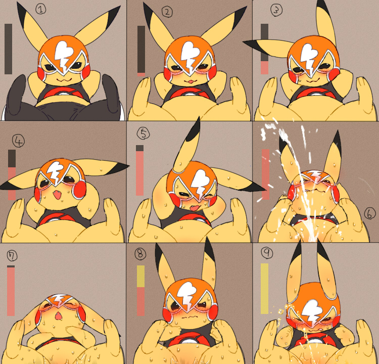 :3 black_eyes blush bodily_fluids bottomless bottomwear clenched_teeth clothed clothing cosplay_pikachu_(costume) drooling ejaculation fangs feet female genital_fluids half-closed_eyes looking_pleasured mask multiple_angles narrowed_eyes one_eye_closed open_mouth orgasm out-of-frame_censoring pants peeing pussy_ejaculation saliva shirt sleeveless_clothing smile solo spread_legs spreading sweat teeth topwear urine vaginal_fluids wavy_mouth haganedon nintendo pokemon pikachu_libre generation_1_pokemon mammal pikachu pokemon_(species)