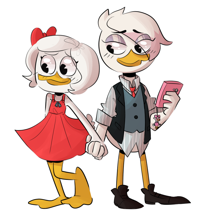 clothing dress duo electronics female female/female footwear hand_holding necktie phone shirt shoes topwear doritofalls disney ducktales ducktales_(2017) lena_(ducktales) webby_vanderquack anatid anseriform avian bird duck alpha_channel