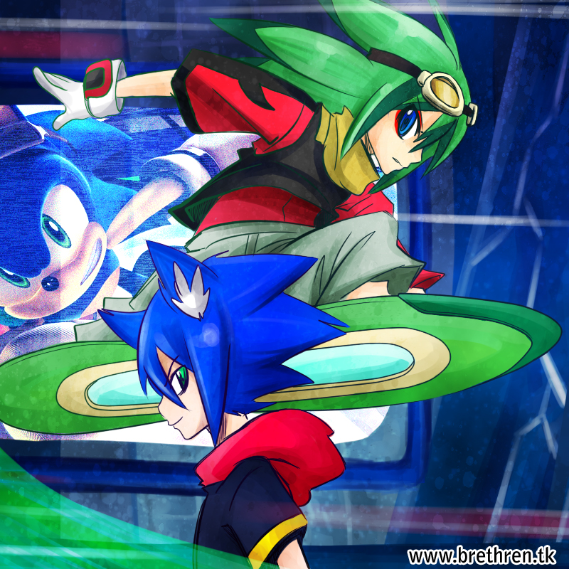 alternate_species anthro blue_body blue_eyes blue_fur blue_hair clothed clothing duo extreme_gear eyewear fur gloves goggles green_eyes green_hair hair handwear humanized male elksign05 sega sonic_riders sonic_the_hedgehog_(series) jet_the_hawk sonic_the_hedgehog eulipotyphlan hedgehog human mammal 1:1