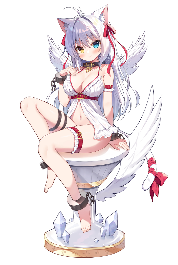 accessory blue_eyes blush breasts cleavage clothed clothing collar cuff_(restraint) feathered_wings feathers female furgonomics garter hair heterochromia looking_at_viewer nightgown restraints ribbons shackles solo tail tail_accessory tail_ribbon white_body white_feathers white_hair wings yellow_eyes mauve_(artist) animal_humanoid cat_humanoid felid felid_humanoid feline feline_humanoid humanoid mammal mammal_humanoid