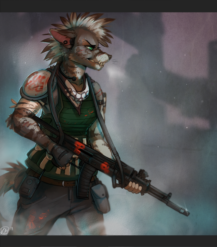 abstract_background anthro assault_rifle breath clothed clothing ear_piercing electronics fangs female fingerless_gloves gloves green_eyes gun hair handwear kerchief piercing radio ranged_weapon rifle simple_background solo teeth tomboy weapon kaitycuddle sybil_(deathhydra) hyena mammal striped_hyena 2014 digital_media_(artwork) shaded