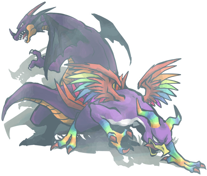 2_horns 3_horns ambiguous_gender beak biped claws curved_horn duo facial_horn feathered_wings feathers feet feral finger_claws frill_(anatomy) head_crest head_frill horn looking_at_viewer male membrane_(anatomy) membranous_wings multi_horn multicolored_body multicolored_feathers multicolored_horn nose_horn pose purple_body purple_scales quadruped rainbow_body rainbow_feathers rainbow_horn red_claws scales semi-anthro sharp_teeth simple_background snout standing tail talons tan_body tan_scales teeth toe_claws toes tongue tongue_out white_background white_body wings kuri_(artist) dragon_quest dragon_quest_monsters mythology square_enix dragonlord dragonlord_(dragon_form) avian dragon mythological_creature mythological_scalie prism_peacock scalie 2008 digital_drawing_(artwork) digital_media_(artwork) full-length_portrait portrait shaded