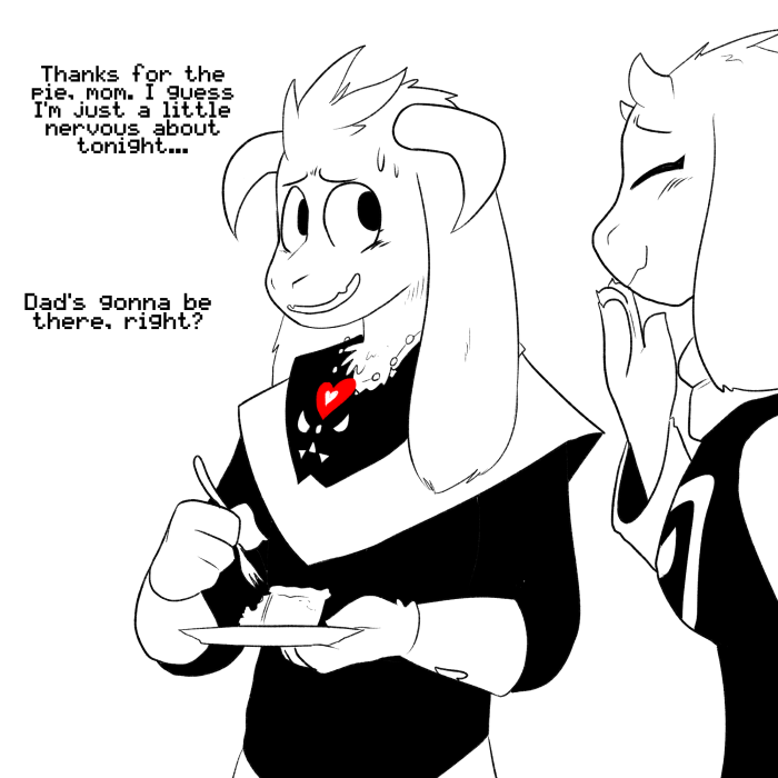 aged_up anthro blush bodily_fluids breasts clothing cutlery dessert dialogue duo eyes_closed female food fork heart_symbol horn kitchen_utensils male nervous pastry pie plate robe smile sweat sweatdrop text tools what_if fatz_geronimo undertale undertale_(series) asriel_dreemurr toriel boss_monster_(undertale) bovid caprine goat mammal 1:1 2015 black_and_white_and_red digital_media_(artwork) english_text monochrome mother_(lore) mother_and_child_(lore) mother_and_son_(lore) parent_(lore) parent_and_child_(lore) parent_and_son_(lore) son_(lore)