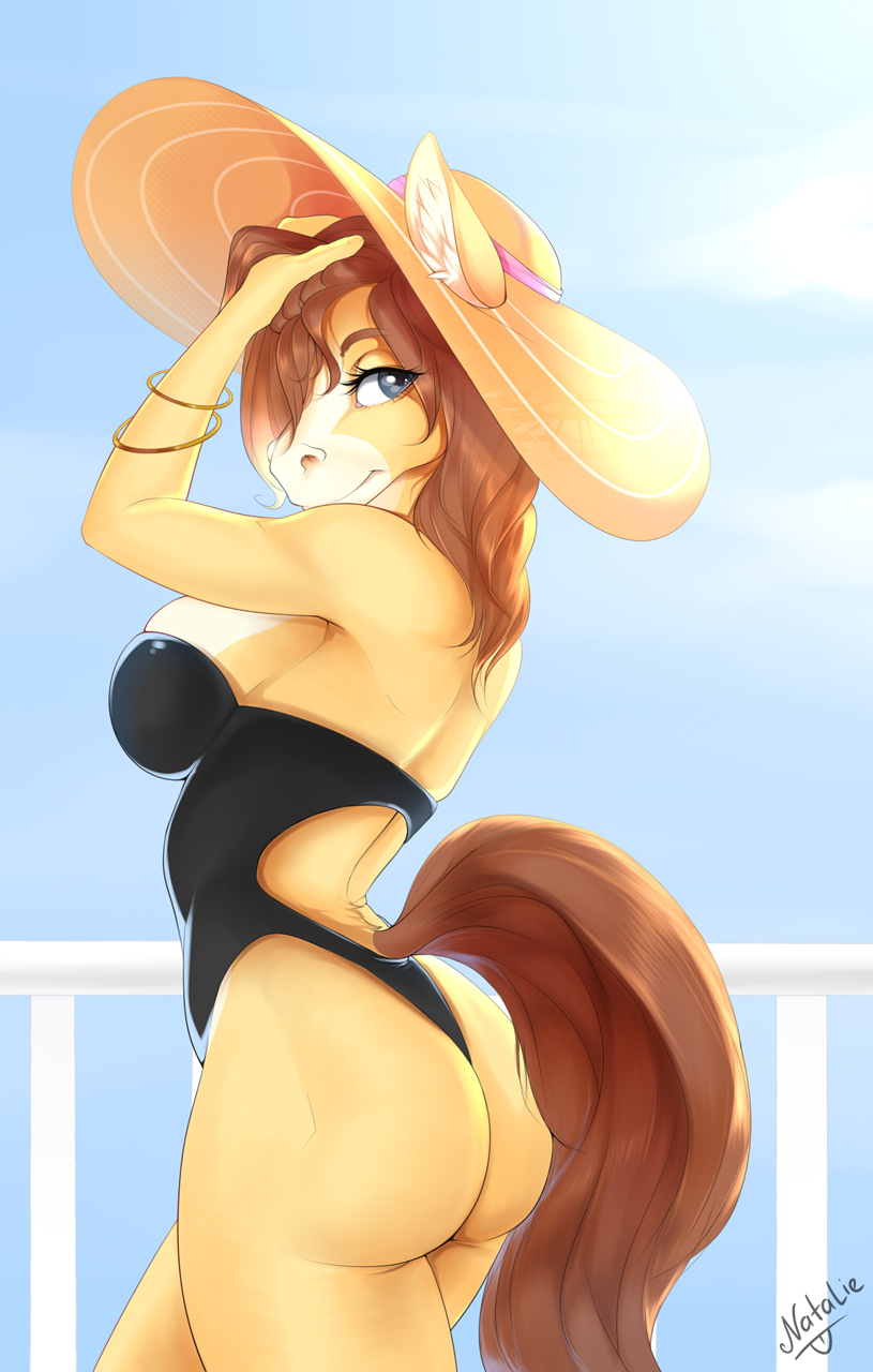 anthro backless_clothing backless_swimsuit breasts butt clothing female hat headgear headwear looking_at_viewer one-piece_swimsuit open-back_swimsuit outside smile solo standing swimwear nastynatalie equid equine horse mammal hi_res