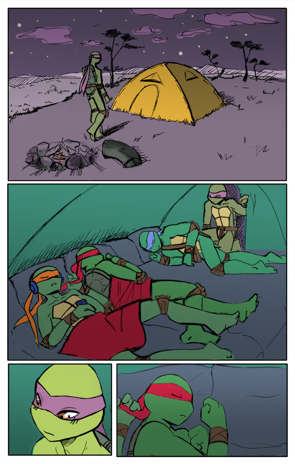 base_three_layout camping_tent electronics eyes_closed four_frame_image group headphones inside_tent kerchief male sleeping tent three_row_layout momorawrr neattea teenage_mutant_ninja_turtles donatello_(tmnt) leonardo_(tmnt) michelangelo_(tmnt) raphael_(tmnt) reptile scalie turtle comic brother_(lore) brothers_(lore) sibling_(lore)