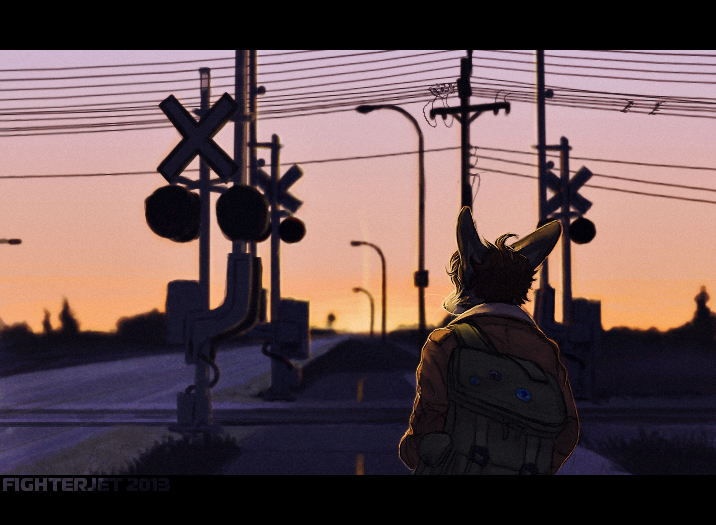 anthro backpack black_bars boom_gate clothing crossbuck crossing_sign detailed_background gate lightpole male outside path planted_sign pole power_line railway_crossing railway_crossing_sign railway_track road road_sign sign signal_light signpost sky solo street_lamp sunset traffic_sign utility_line utility_pole fighterjet lux_(character) canid canine fox mammal 2013 artist_name digital_media_(artwork) digital_painting_(artwork) letterbox shaded soft_shading