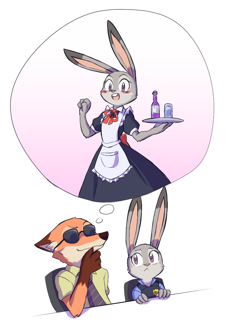 anthro blush clothing daydream duo eyewear female maid_uniform male police police_uniform simple_background sunglasses uniform white_background paulgq disney zootopia judy_hopps nick_wilde canid canine fox lagomorph leporid mammal rabbit red_fox true_fox