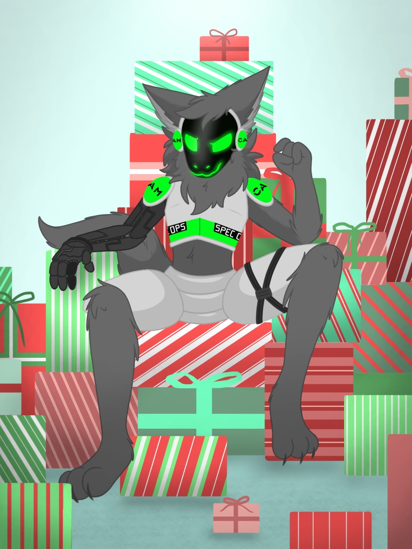 anthro armor barefoot biped black_hand black_hands body_hair breastplate c.a.m. chair chest_fur chest_hair chest_tuft christmas_present cybernetic_arm cybernetic_hand cybernetic_head cybernetic_limb cybernetics digitigrade feet fingers fluffy fluffy_ears fluffy_hair fluffy_neck_fur fluffy_tail fur furniture gift glowing glowing_body glowing_eyes green_body green_eyes grey_body grey_fur grey_hair hair holidays machine male metal metallic_body military neck_tuft prosthetic prosthetic_arm prosthetic_hand prosthetic_limb protogen_armor protogen_face protogen_visor protogenized robotic robotic_arm robotic_hand robotic_limb screen screen_face smile soldier solo special_forces tail tail_tuft throne tuft warrior kytcrafts christmas yuri_chacal canid canine canis cyborg jackal mammal protogen 3:4 digital_drawing_(artwork) digital_media_(artwork)