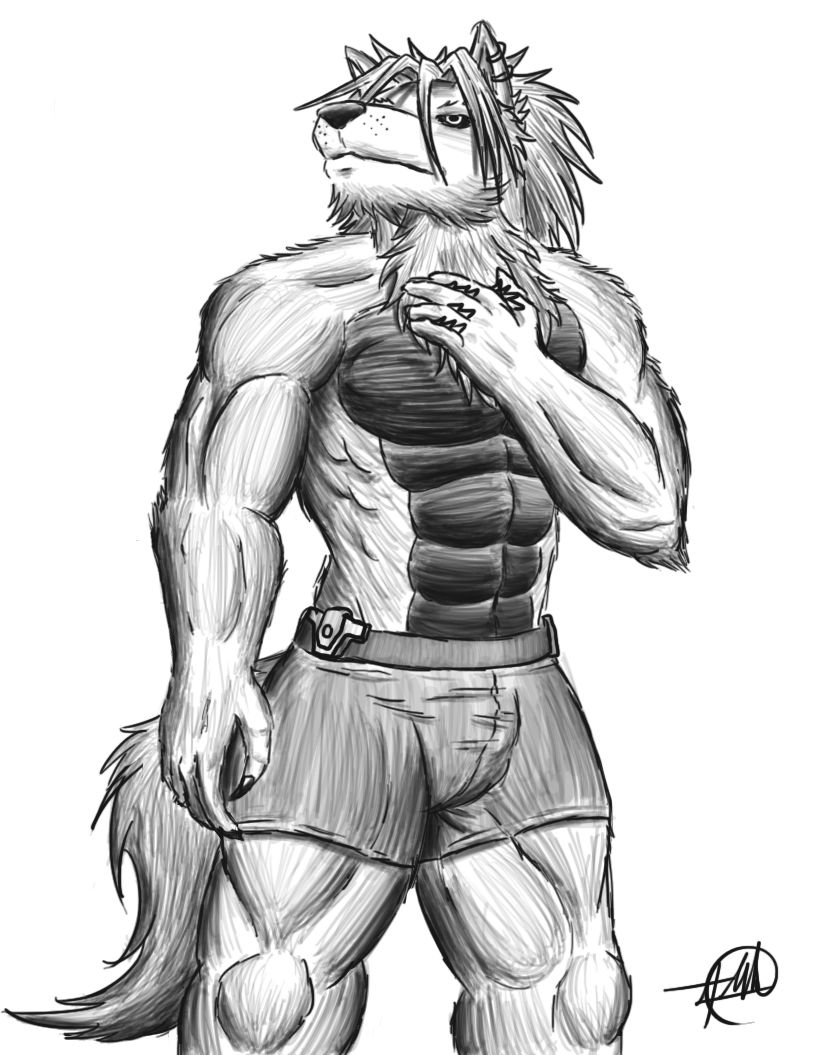 abs anthro anthrofied biceps biped black_sclera bottomwear bulge clothed clothing ear_piercing fur hair male muscular muscular_anthro muscular_male neck_tuft pecs piercing pokemorph shorts simple_background solo standing topless tuft white_background symbolhero nintendo pokemon o'neil arcanine canid canine generation_1_pokemon mammal pokemon_(species) monochrome