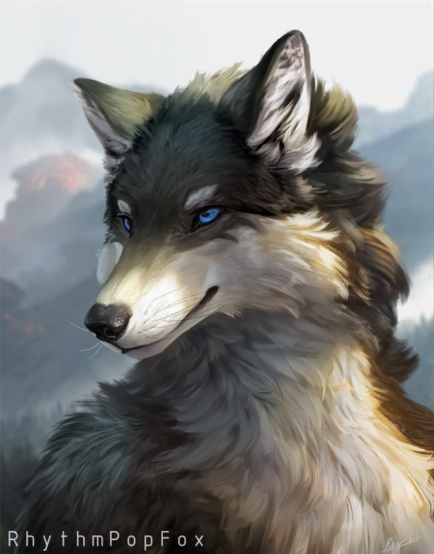 anthro black_nose blue_eyes blurred_background detailed_fur fur grey_body grey_fur light male smile solo whiskers white_body white_fur rhythmpopfox canid canine canis mammal wolf 2020 bust_portrait detailed lighting portrait signature