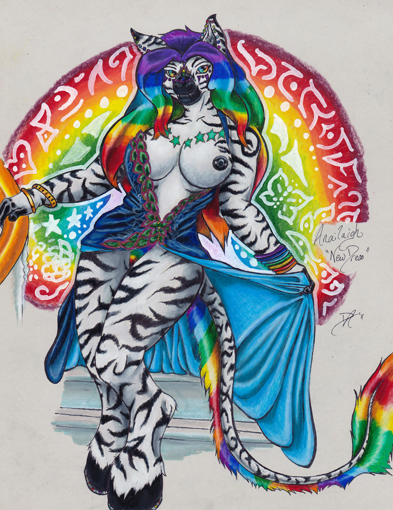 anthro breasts clothed clothing dress female genitals hooves nipples piercing pussy rainbow solo sparklefur stairs stripes tail tattoo teeth daelyhelaxon anailaigh canid canine canis equid equine hybrid mammal wolf zebra colorful_theme