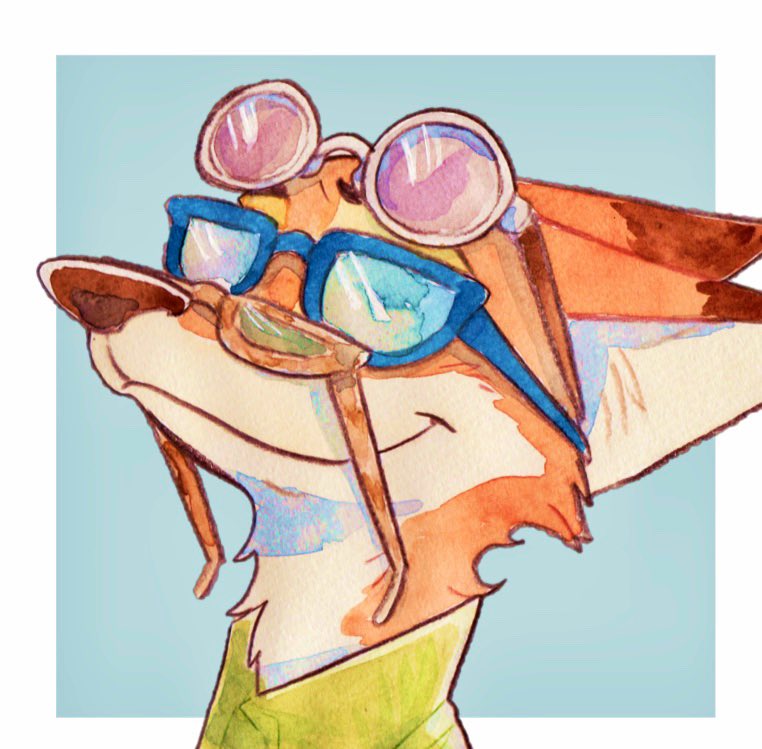 anthro blue_background border cheek_tuft dipstick_ears ear_markings eyewear facial_tuft fur multicolored_ears neck_tuft orange_body orange_fur silly simple_background smile solo sunglasses tuft white_border strawberry628_(artist) disney zootopia nick_wilde canid canine fox mammal red_fox true_fox 2020 painting_(artwork) traditional_media_(artwork) watercolor_(artwork)