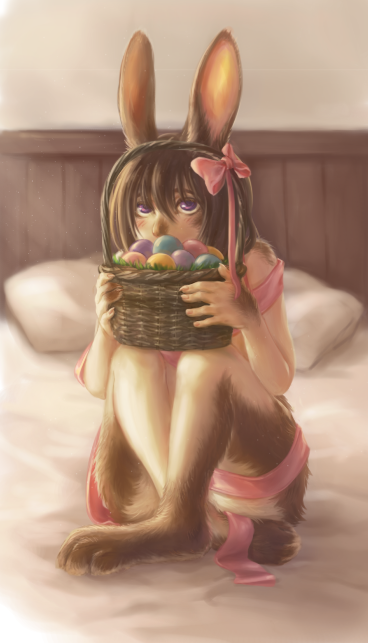 anthro artificial_turf basket blush brown_body brown_fur brown_hair container crossed_legs easter_basket easter_egg feet female fur hair hindpaw holidays human_to_anthro looking_at_viewer mostly_nude paws purple_eyes ribbons shy sitting solo species_transformation transformation bakabakeneko easter human lagomorph leporid mammal rabbit hi_res