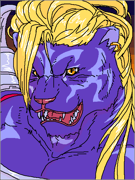 anthro biped black_border blonde_hair blue_body blue_fur border fur hair kemono male solo teeth unknown_artist onmyou_taisenki rangetsu_(onmyou_taisenki) felid feline mammal 2007 3:4 archived_source bust_portrait portrait