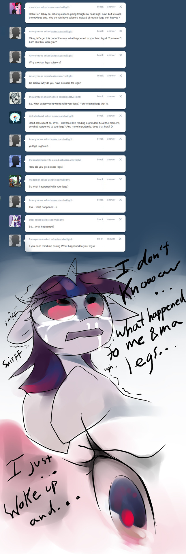 bodily_fluids crying female feral runny_nose solo tears text askscissortwilight iopichio friendship_is_magic hasbro my_little_pony tumblr scissor_twilight twilight_sparkle_(mlp) english_text hi_res