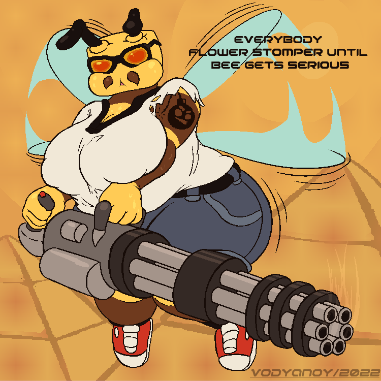 anthro bodily_fluids breasts dialogue egyptian eyewear female flying gatling_gun gun heat_(temperature) machine_gun minigun overweight ranged_weapon solo sunglasses sweat weapon vodyanoy5 serious_sam bertha_(vodyanoy) arthropod bee hymenopteran insect 1:1