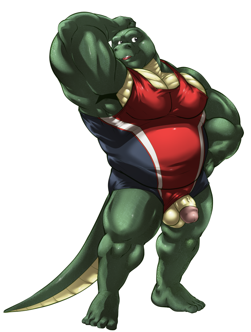 anthro balls biceps clothed clothing flexing genitals glans humanoid_genitalia humanoid_penis male muscular muscular_anthro muscular_male penis scales solo tail vein veiny_penis wrestling_singlet markwulfgar extracurricular_activities dozer_(extracurricular_activities) crocodilian reptile scalie alpha_channel