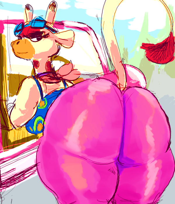 anthro bent_over big_butt breasts butt clothed clothing day eyewear eyewear_on_head female fur huge_butt looking_back open_mouth outside solo sunglasses sunglasses_on_head thick_thighs yellow_body yellow_fur kiseff animal_crossing nintendo gracie_(animal_crossing) giraffe giraffid mammal 2021