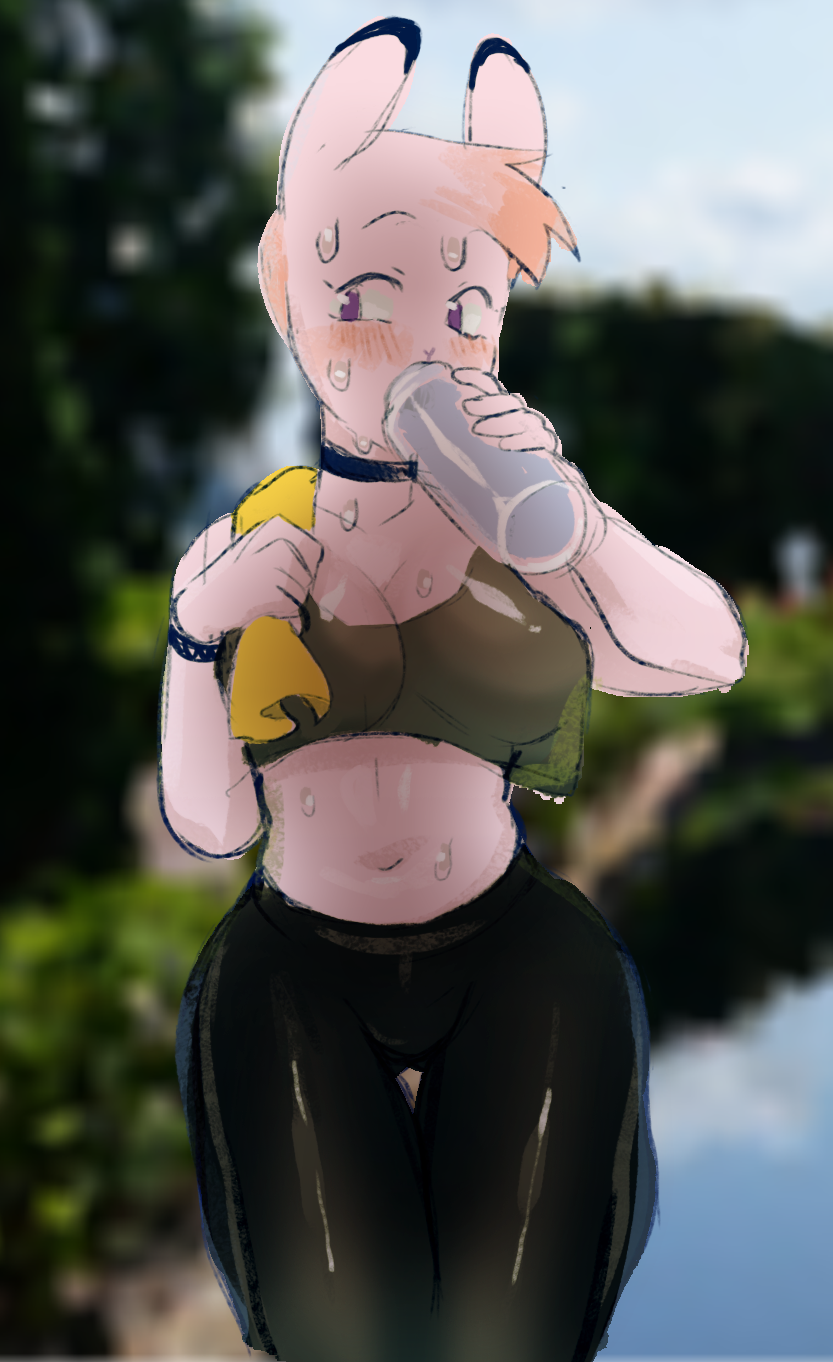 anthro beverage big_breasts black_clothing blue_eyes blush bodily_fluids breasts clothing drinking female hair holding_beverage holding_object looking_aside outside solo sweat towel white_body yellow_towel indigo_cho lagomorph leporid mammal rabbit hi_res