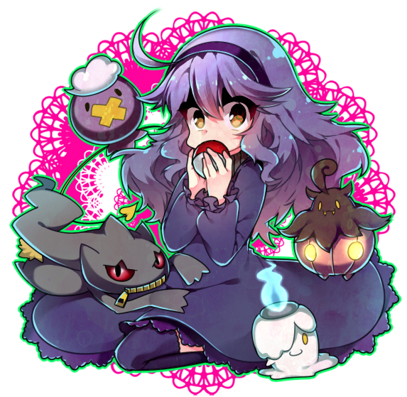 :3 abstract_background accessory ahoge ambiguous_gender black_body black_fur blue_fire body_zipper brown_eyes clothing colored_fire dress fangs female fire fur glowing glowing_eyes group hair headband holding_object holding_pokeball human_focus legwear not_furry_focus pokeball purple_hair red_eyes simple_background sitting smile standard_pokeball teeth thigh_highs yellow_eyes young zipper zipper_mouth xx56su_x nintendo pokemon hex_maniac banette drifloon generation_3_pokemon generation_4_pokemon generation_5_pokemon generation_6_pokemon ghost goo_creature human litwick mammal pokemon_(species) pumpkaboo spirit