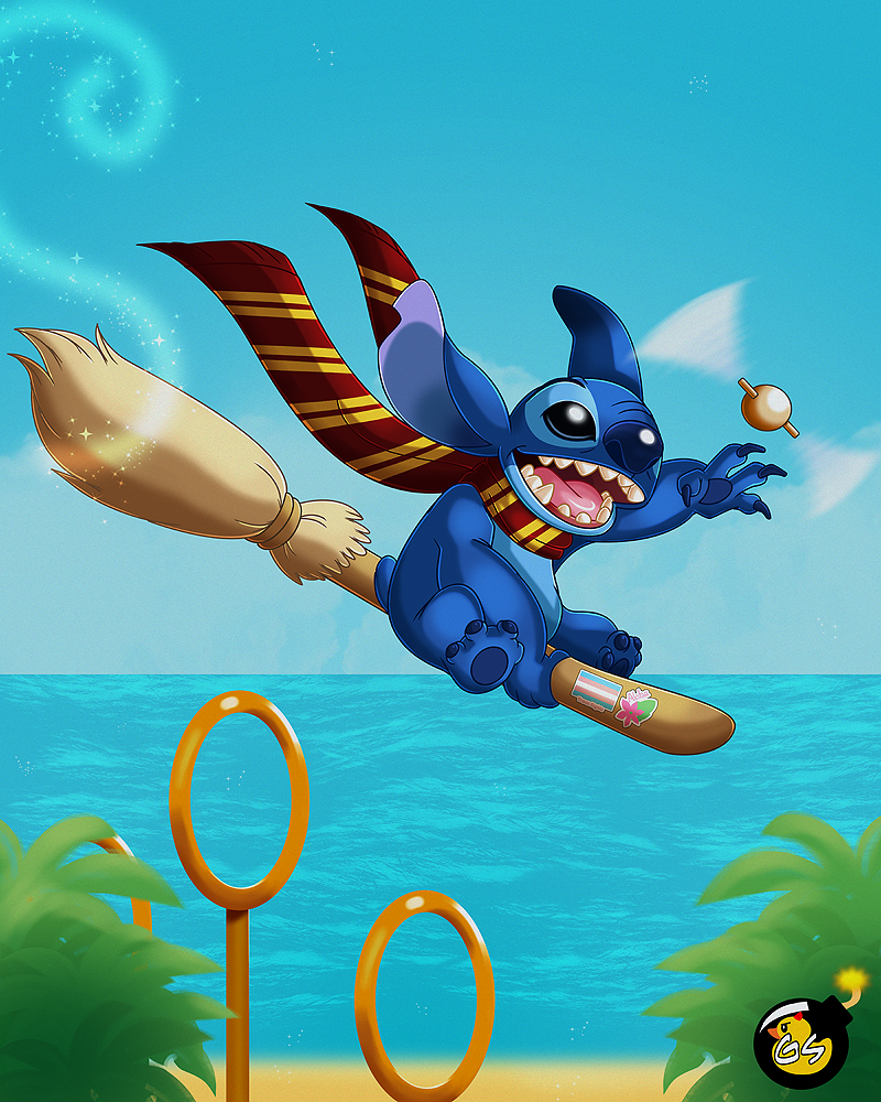 4_fingers 4_toes black_eyes blue_claws blue_nose blue_pawpads broom broom_riding claws cleaning_tool detailed_background feet fingers flying golden_snitch gryffindor hoop mostly_nude notched_ear open_mouth open_smile outside pawpads quidditch reaching scarf scarf_only sea small_tail smile solo tail toes water goku-san disney harry_potter_(series) lilo_and_stitch stitch_(lilo_and_stitch) alien experiment_(lilo_and_stitch) 2022 4:5 alternate_version_at_source crossover digital_media_(artwork) watermark