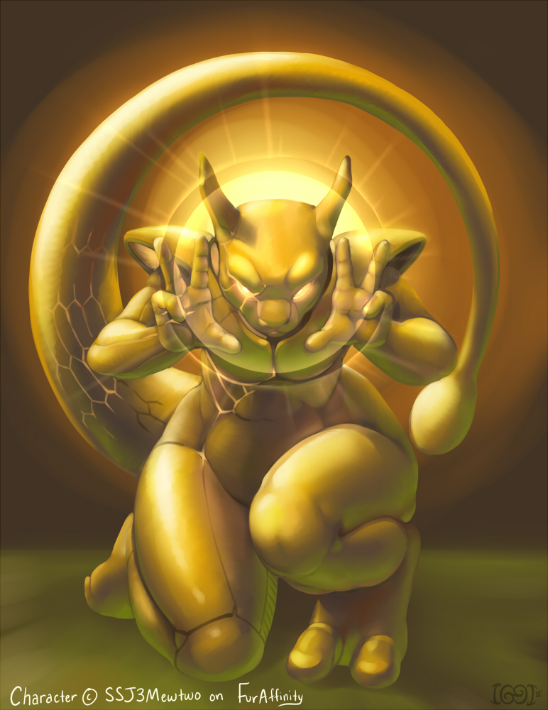 2_toes 4_fingers angry armor big_tail bottomless clothed clothing feet fingers glowing glowing_eyes gold_skin kneeling light male muscular muscular_male psychic solo tail thick_tail thick_thighs toes wide_hips iggi nintendo pokemon ssj3mewtwo generation_1_pokemon legendary_pokemon mewtwo pokemon_(species)