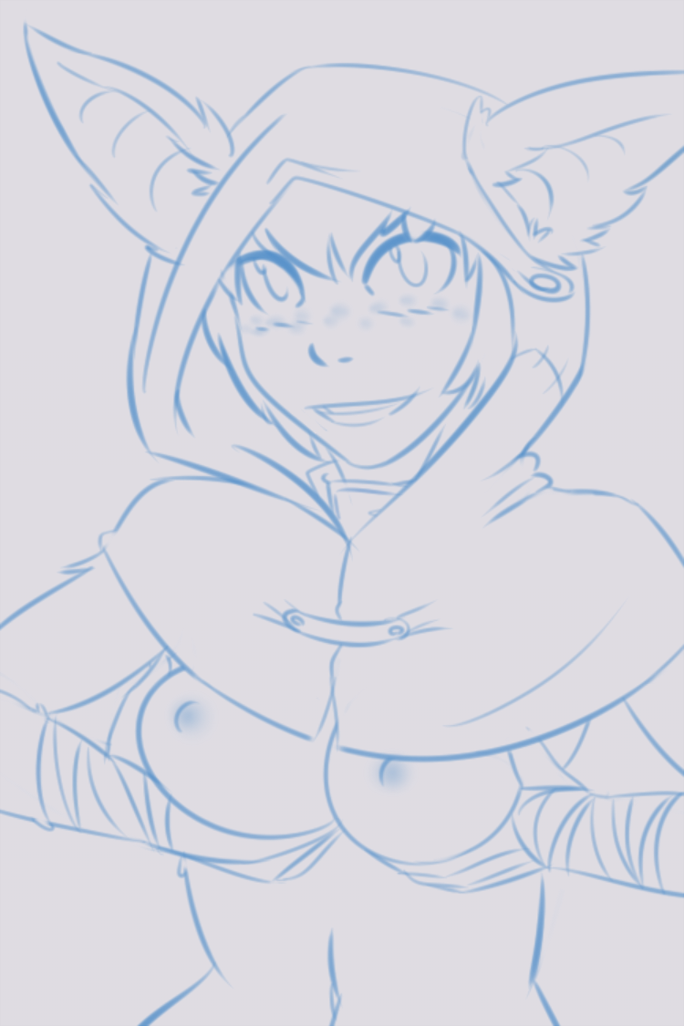 anthro breasts clothed clothing female freckles fur hair hand_on_breast hand_wraps holding_breast hood looking_at_viewer navel nipples presenting presenting_breasts short_hair smile solo standing teeth topless wraps thundragon mammal unknown_species 2:3 line_art sketch