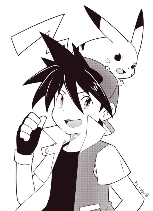 clothing duo feral fingerless_gloves gloves handwear hat headgear headwear male simple_background sakurakazuki nintendo pokemon pokemon_trainer red's_pikachu red_(pokemon) generation_1_pokemon mammal pikachu pokemon_(species) rodent monochrome