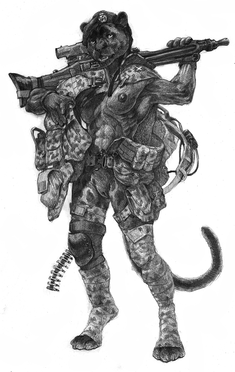 anthro armor bandage barefoot beret breasts clothing denmark feet female gloves gun handwear hat headgear headwear knee_pads machine_gun mg3 pose pouches ranged_weapon solo topwear undressing vest weapon a_inc felid leopard mammal pantherine black_and_white graphite_(artwork) hi_res monochrome pencil_(artwork) pinup traditional_media_(artwork)